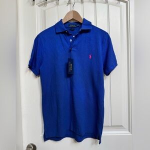 NWT Polo Ralph Lauren Blue Cotton Mesh Slim Fit Polo Shirt w Pink Pony. Size M
